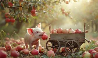 Piglet eating an apple next to a wooden cart filled with apples photo