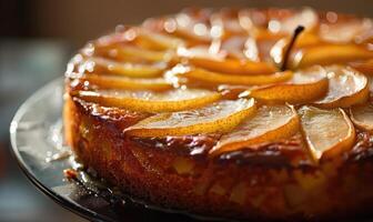 Pear upside-down cake, golden and caramelized photo