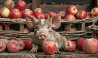 Piglet happily eating an apple by a rustic apple stand photo