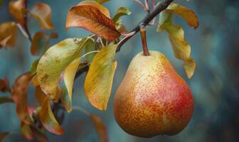Pear with a red blush, hanging from a branch with green leaves photo
