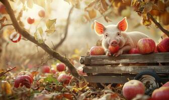 Piglet biting into an apple under a tree photo
