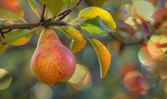 Pear with a red blush, hanging from a branch with green leaves photo