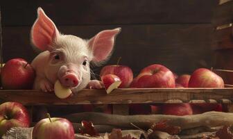 Piglet happily eating an apple by a rustic apple stand photo