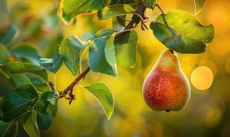 Pear with a red blush, hanging from a branch with green leaves photo