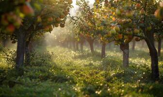 Orchard with pear trees and ripe pears photo