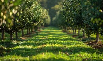 Rows of pear trees in an orchard photo