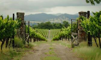 Vineyard with grapevines and a vineyard gate photo
