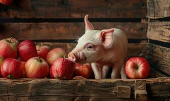 Piglet happily eating an apple by a rustic apple stand photo