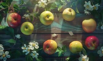 Top view of red, green, and yellow apples on a wooden table photo