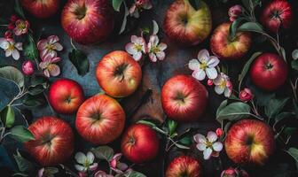 Top view of various autumn apples on a wooden table photo