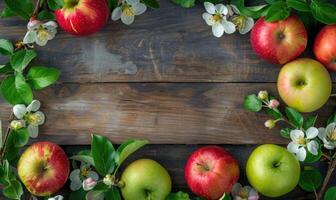 Top view of red, green, and yellow apples on a wooden table photo