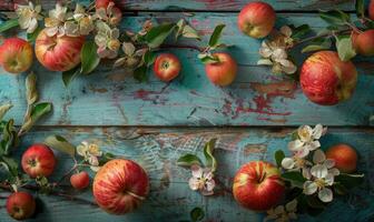 Top view of various autumn apples on a wooden table photo