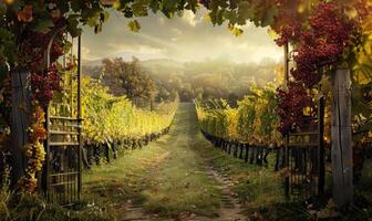 Vineyard with grapevines and a vineyard gate photo