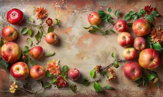 Top view of a rustic wooden table with various autumn apple varieties photo
