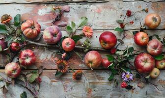 Top view of a rustic wooden table with various autumn apple varieties photo