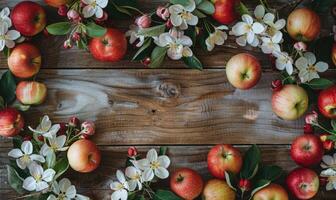 Top view of various autumn apples on a wooden table photo