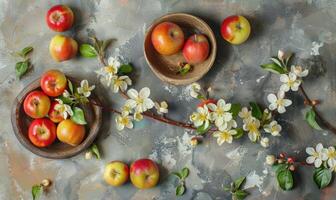 Top view of various autumn apples in a clay bowl photo