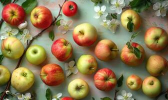 Top view of various autumn apples on a wooden table photo