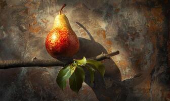 Pear on a branch with delicate sun rays photo