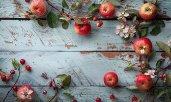 Top view of a rustic wooden table with various autumn apple varieties photo