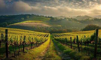 Vineyard with lush green grapevines and a mountain backdrop photo