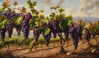 Vineyard with grapevines laden with bunches of grapes photo