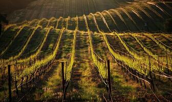 Vineyard in late afternoon light with long shadows photo