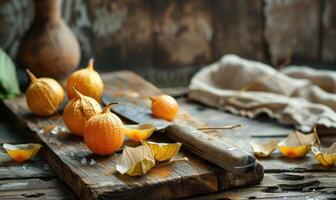 A few physalis fruits on a cutting board photo