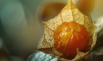 A macro image of physalis with a focus on the fruit inside the husk photo