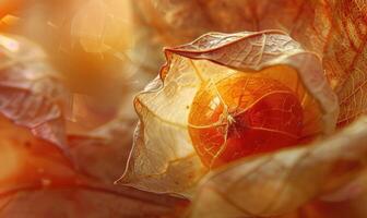 A macro image of physalis with a focus on the fruit inside the husk photo