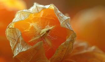 A macro image of physalis with a focus on the fruit inside the husk photo