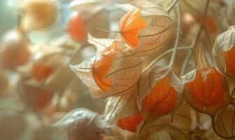A macro image of physalis with a focus on the fruit inside the husk photo