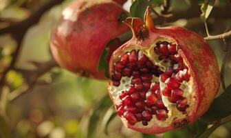 Detailed close-up of a pomegranate split open on the tree photo