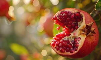 Detailed close-up of a pomegranate split open on the tree photo