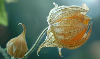 A close-up of physalis with a focus on the intricate pattern of the husk photo