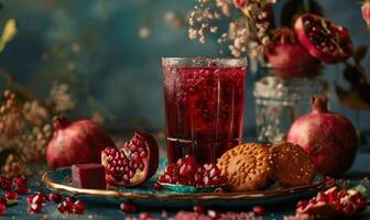 Glass of pomegranate juice with a selection of pomegranate candies photo