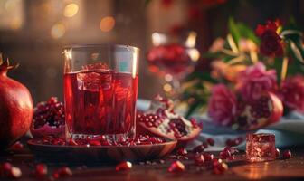 Glass of pomegranate juice with a selection of pomegranate candies photo