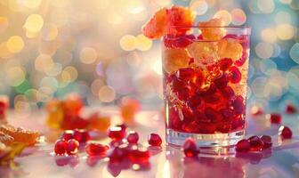Glass of pomegranate juice with a selection of pomegranate candies photo
