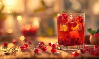 Glass of pomegranate juice with a selection of pomegranate candies photo