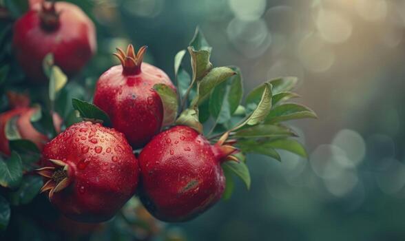 Macro view of a cluster of pomegranates on a leafy branch photo