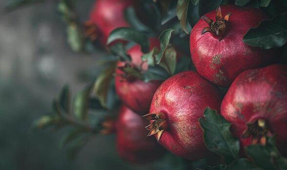 Macro view of a cluster of pomegranates on a leafy branch photo