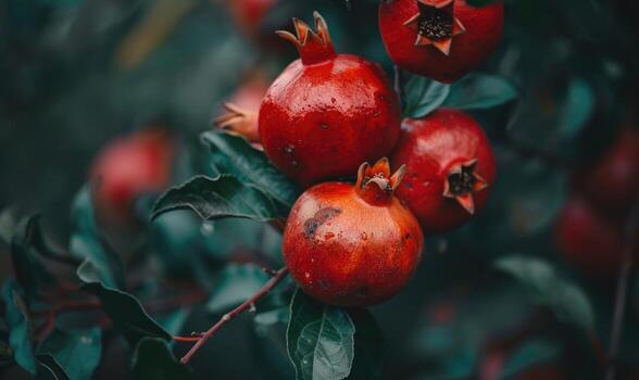 Macro view of a cluster of pomegranates on a leafy branch photo