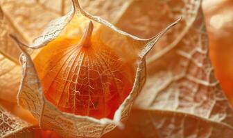 Macro view of physalis with a focus on the delicate husk texture photo