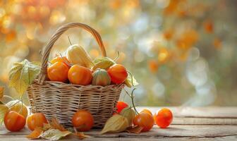 Physalis in a wicker basket, with a few fruits spilling out photo