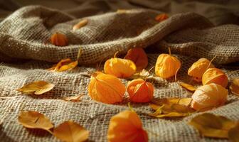Physalis scattered on a burlap fabric, with autumn leaves photo