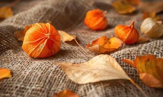 Physalis scattered on a burlap fabric, with autumn leaves photo