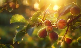 Figs on a branch, close-up view, with dewdrops on the figs photo