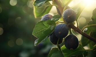 Figs on a branch, close-up view, with dewdrops on the figs photo