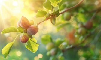 Figs on a branch, close-up view, with dewdrops on the figs photo