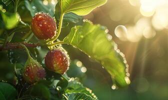 Figs on a branch, close-up view, with dewdrops on the figs photo